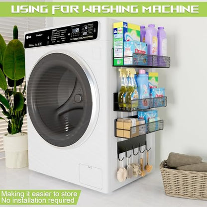 4 Pack Magnetic Shelves for Washing Machine, Heavy-Duty Magnetic Laundry Organizer with Hooks, Washing Machine Shelf for Refrigerator, Metal Storage Baskets, Closet & Laundry Room Organization(Black)