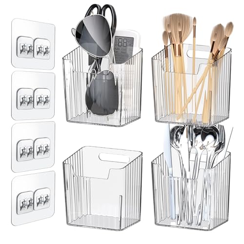 Lae Nuvole Clear Adhesive Wall Organizer Bins, Cabinet Door Storage, 4 Pack | 8 adhesive pads, No Drill, PET, stackable, space-saving; renter friendly, for Bathroom, Kitchen, Pantry, RV, Dorm, Office