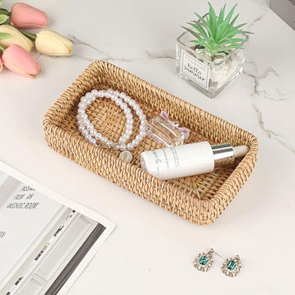 Hipiwe Key Basket for Entryway Table Small Natural Rattan Serving Tray | Wicker Storage Trays for Home Decor, Fruit Bowl Decorative Baskets for Kitchen, Coffee Table