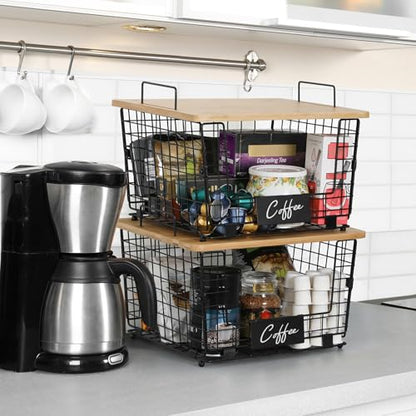 2 Set XXL Stackable Wire Basket with Bamboo Tops & Tag- Pantry Organizer and Storage Bins, Kitchen Counter Cabinet Shelf Countertop Under Sink Organizing, Food Snack Produce Onion Potato Bread Storage