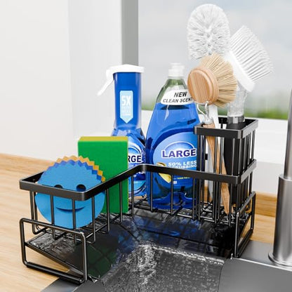 Large Sponge Holder for Kitchen Sink, 90-Degree Sink Caddy Storage | Self Draining Sponge Rack for Countertop, Metal L-Shaped Dish Soap Organizer with Brush Holder, Corner Sink Storage Ideas