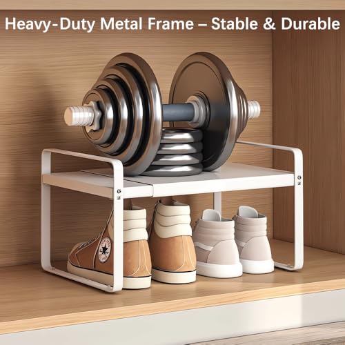 2-Pack Expandable Shoe Rack, Closet Organizer, 7" High, 15"-24" | Set of 2 1-Tier Metal Shelves; Adjustable Width Design; Compact Heavy-Duty Storage for Entryway, Bedroom & Small Spaces