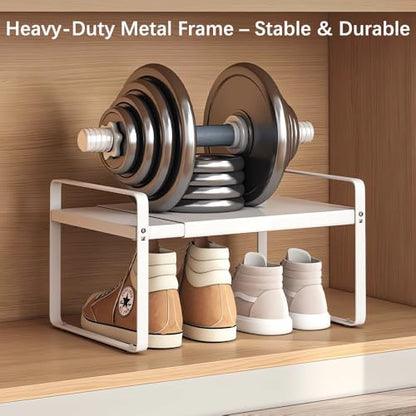 2-Pack Expandable Shoe Rack, Closet Organizer, 7" High, 15"-24" | Set of 2 1-Tier Metal Shelves; Adjustable Width Design; Compact Heavy-Duty Storage for Entryway, Bedroom & Small Spaces