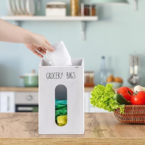 Farmhouse Grocery Bag Holder for Kitchen, Wooden Plastic Bags Holder for Supermarket shopping carrier Recycle, Wall Mounted Garbage Bag Dispenser with Extra-Wide & Easy-Access Openings, White