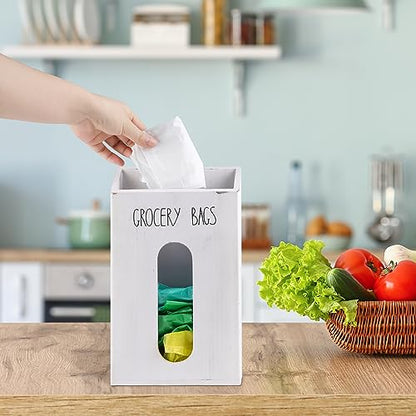Farmhouse Grocery Bag Holder for Kitchen, Wooden Plastic Bags Holder for Supermarket shopping carrier Recycle, Wall Mounted Garbage Bag Dispenser with Extra-Wide & Easy-Access Openings, White