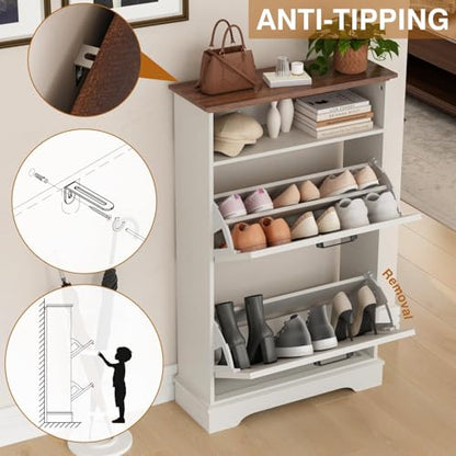 24" W Hidden Shoe Storage Cabinet with 2 Flip Drawers & Open Storage | Farmhouse Modern Shoes Rack Cabinet,Adjustable Shelves, Narrow Slim Shoes Organizer for Entryway,Foyer,Hallway,Antique White