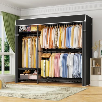 Clothes Rack with Cover Covered Clothing Racks for Hanging Clothes | F7C Plus Heavy Duty Garment Rack, Adjustable Shelves and Rods Max Load 790 Lbs, Black Portable Closet Rack with Black Cover