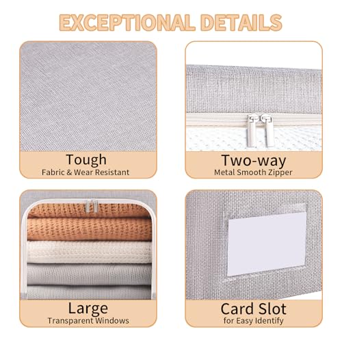 combocube 3-Side Zippered Openings Clothes Storage Bins with Thick Metal Frame, Stackable & Foldable Clothing Storage Bins with Lid, Linen Fabric Closet Storage Box with Large Clear Window, 3 Pack