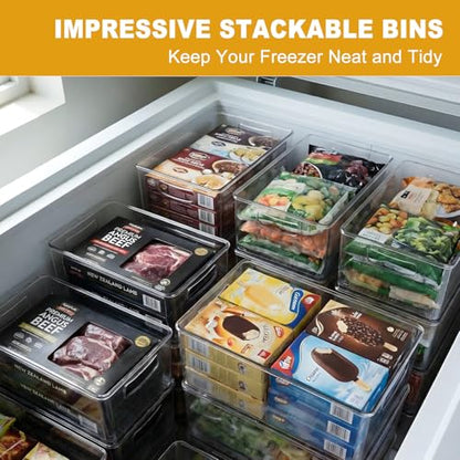 8 Pack Freezer Organizer Bins,Stackable,Clear Bins for Fridge,Pantry | Straight Side, 3 Sizes, 2 XL Storage Container, 3 Large Cabinet Organizer, 3 Medium Storage Drawer