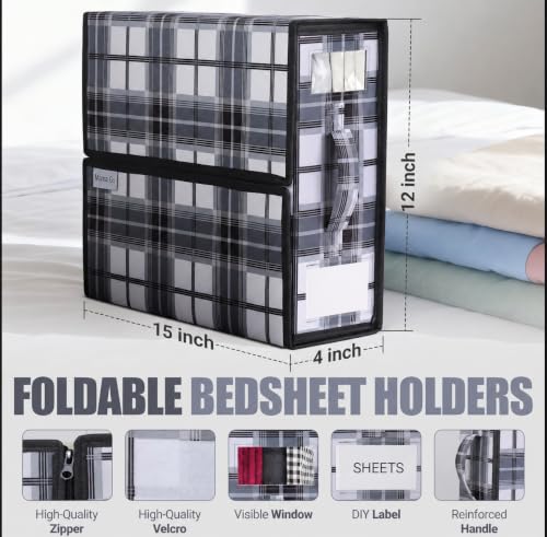 4 Pack Bed Sheet Organizer and Storage with Zipper – Linen Closet Organizers for Full, King, Queen & Twin Sheet Sets, Bedding Storage for Blankets and Duvet Covers, Black
