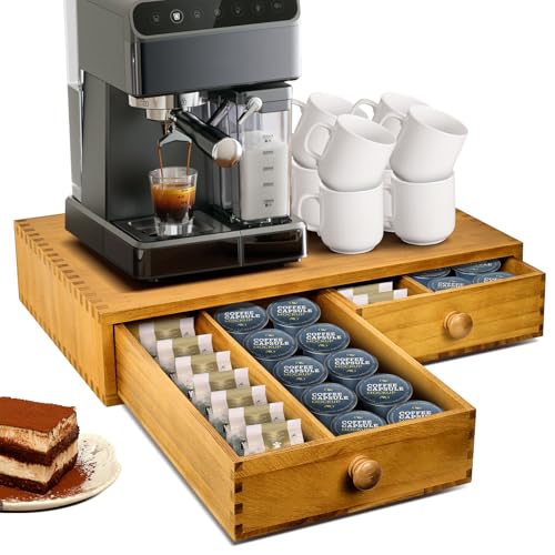 NANXITU K Cup Storage Organizer, Wood Coffee Pod and Tea Bag Holder | Kcup Drawer Coffee Maker Stand, Home Kitchen Counter Holds Up to 30 Pods Capacity