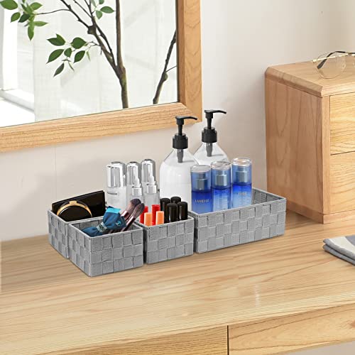 Drawer Organizer Bins,Woven Strap Storage Box Cube Basket Containers Divider for Organizing drawers, Shelves, Closets, Cabinets, Dressers and Countertops,set of 4, Light Grey