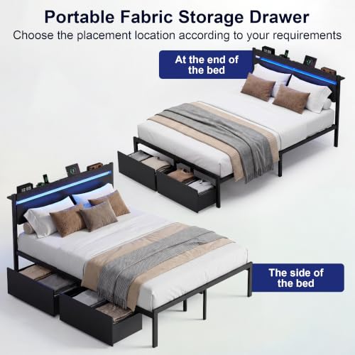 Full Bed Frame with Drawers, Platform Bed with LED Lights & Charging Station, Wood Headboard, Strong Metal Slats Support, No Box Spring Needed, Noise Free, Easy Assembly