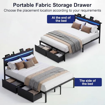 Full Bed Frame with Drawers, Platform Bed with LED Lights & Charging Station, Wood Headboard, Strong Metal Slats Support, No Box Spring Needed, Noise Free, Easy Assembly