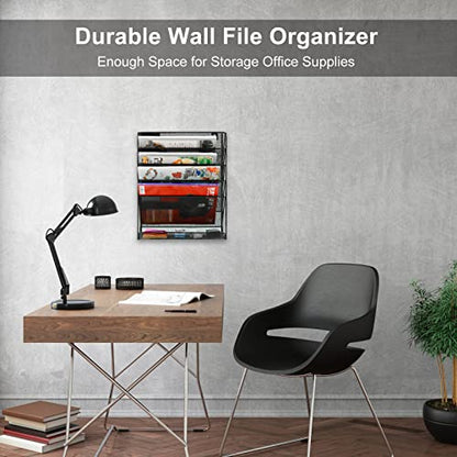 EasyPAG 5 Tier Wall File Holder, Mesh Hanging Folder Organizer with Classify Label, Versatile Desk File Holder, Vertical Wall Mounted Mail Organizer for Office Home Cubicle, Black