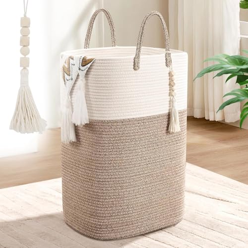 65L Woven Laundry Basket for Clothes, Large Rectangle Laundry Hampers with Beads Tassel, Nursery Storage Basket for Toys, Tall Dirty Clothes Hamper for Bedroom Aesthetic, Laundry Room Organization