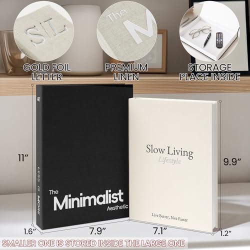 Minimalist Decorative Books, Fake Books Storage Boxes for Decor | Set of 2 Linen Coffee Table Books with Hidden Storage, Stackable Photo Keepsake Box for Room Bookshelf Decor, Black