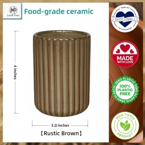 Stoneware Coffee Bar Utensil Holder Tea & Coffee Spoon & Stirrer Holder for Stir Stick Straw Teaspoon Holder Espresso Spoon Cup Small Utensil Jar Fluted Vertical Stripe (Rustic Brown)