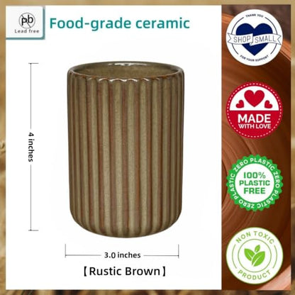 Stoneware Coffee Bar Utensil Holder Tea & Coffee Spoon & Stirrer Holder for Stir Stick Straw Teaspoon Holder Espresso Spoon Cup Small Utensil Jar Fluted Vertical Stripe (Rustic Brown)