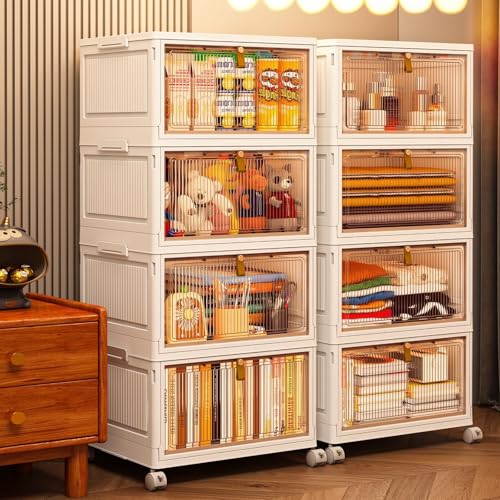CTSNSLH 4 Tier Plastic Storage Bins with Lid 32QT - Stackable Storage Bins | Organizers and Storage with Wheels, Plastic Storage Cabinet Organization and Storage for Living Room,Office,Dorm