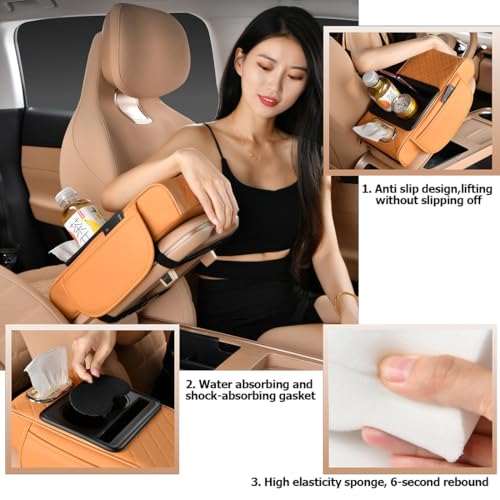 Car Armrest Cushion,5-in-1 Center Console Cover with 2 Storage Bags Cup Holder, Tissue Box Slot, Phone Slot for Sedans, Car Accessories Interior Organizers (Black red)