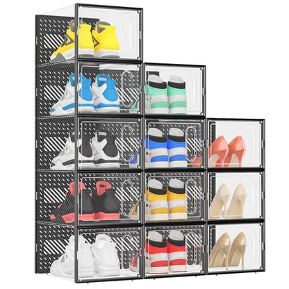 X-Large Shoe Boxes with Magnetic Door, 12-Pack Stackable Shoes Storage Organizer for Closet, Clear Plastic Sneaker Container Shoe Rack for Size 12, Black