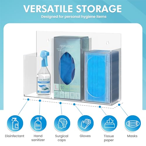 WAHFAY Acrylic Hygiene Dispenser Sanitation Station with Three Compartment, Gloves Masks Hairnets Box Holder, Wall Mount or Tabletop Clear Storage Containers