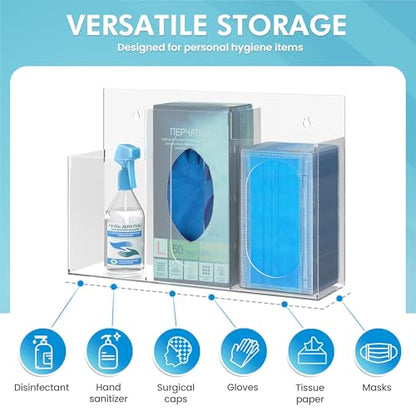 WAHFAY Acrylic Hygiene Dispenser Sanitation Station with Three Compartment, Gloves Masks Hairnets Box Holder, Wall Mount or Tabletop Clear Storage Containers
