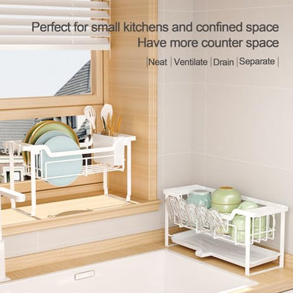 Dish Rack with Drainboard, Organizes Dishes and Bathroom Items for Narrow Spaces, Two-Story Drying Rack Fits 12 Plates 12 Bows 5 Glasses 4 Hooks and Some Cutlery, White