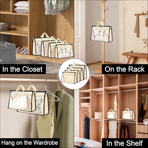 12 Packs Dust Bags for Handbags,4 Sizes Beige Clear Handbag Storage Organizer for Closet, Purse Organizer with Zipper Handle and 12 Pcs Hooks