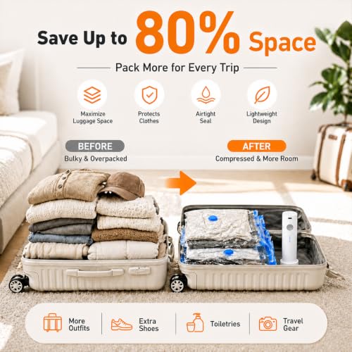 12 Pack Vacuum Bags for Travel with Rechargeable Air Pump, Carry-On Compression Bags for Luggage and Suitcase, Space Saver Storage for Clothing and Travel Organization