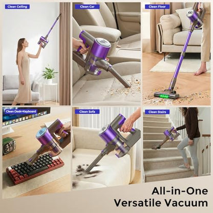 WLOTPO Vacuum Cleaners for Home,Cordless Vacuum Cleaner,Lightweight Stick Vacuum Cordless Rechargeable,Self-Standing Design,LED Touch Screen,Vacuum for Hardwood Floors,Carpet,Pet Hair(Blue Purple)