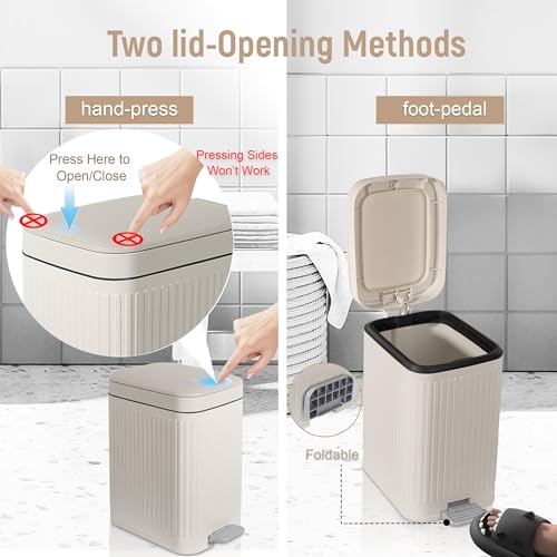 Small Bathroom Trash Can with Lid, 1.9 Gallon Slim Soft Close Step, Cream | Garbage Can with Pedal for Office, Bedroom, Kitchen & Living Room, Narrow Plastic Wastebasket Container for Small Spaces