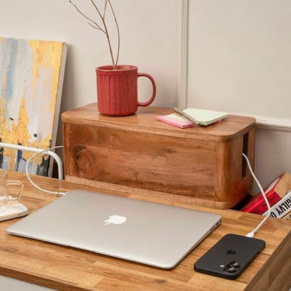 Acacia Cable Management Box - Rustic Design (Natural, Large) | Acacia Wood, Cable Organizer, Rustic Style, Modern Design, Desktop Storage