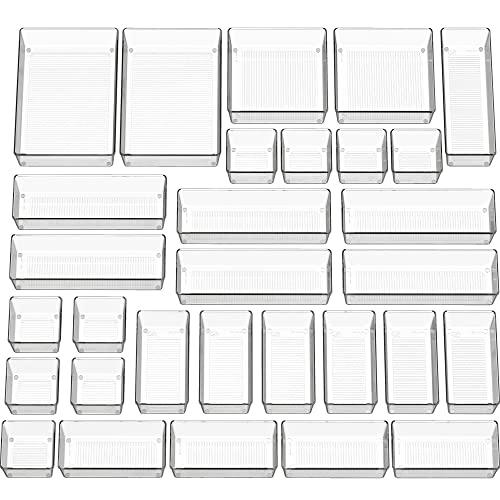Simple Houseware 30 PCS Clear Plastic Drawer Organizers Set, 5-Size | for Makeup, Bathroom, Bedroom and Office