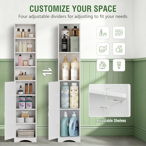 VECELO 71" Tall Narrow Storage Cabinet, Bathroom Storage Slim Freestanding Cabinet with Door & 6 Adjustable Shelves, Anti-Tip Design for Small Space, Kitchen, Living Room, White