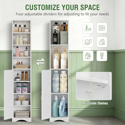 VECELO 71" Tall Narrow Storage Cabinet, Bathroom Storage Slim Freestanding Cabinet with Door & 6 Adjustable Shelves, Anti-Tip Design for Small Space, Kitchen, Living Room, White