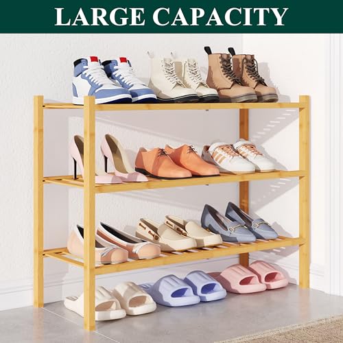 Smiry Bamboo Shoe Rack for Closet, 3 Tier - 26.77" Wide, Natural | Stackable Wooden Shoe Organizer, Wood Shoe Storage Shelf for Entryway, 14 Vertical Slats, Reinforced Legs
