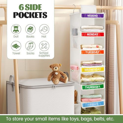 2 Pack 6-Shelf Weekly Clothes Organizer for Kids, Hanging Daily Closet Organization with 6 Side Pockets, Days of The Week Clothing Divider Storage for Boys and Girls (White)