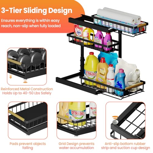 Under Sink Organizer and Storage 2 Pack 3 Tier Kitchen Bathroom Organizers | 3 Tier Black Undersink Organizers - Pull Out Cabinet Organization for Home Shelves and Drawers Cleaning Supplies Organizer