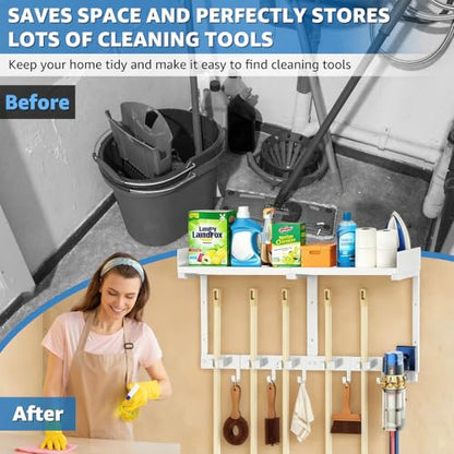 HUFAND Broom Holder Wall Mount, 27" Mop and Broom Organizer with Top Shelf | 5 Grippers,5 Movable S-Hooks,Breathable Grid Shelf,Rust-Resistant Coating,Hardware Included,for Kitchen,Laundry Room
