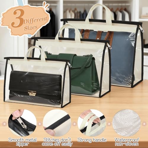 SHENLIU 15 Pack Dust Bags for Handbags, 3 Sizes Clear Handbag Storage Organizer for Closet, Purse Protector Storage Bag with Zipper and Handle, Hanging Dust Cover Bag for Handbag