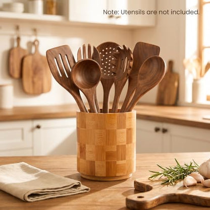 360° Rotating Checkered Bamboo Utensil Holder for Countertop | 6.5" Large Capacity, Kitchen Utensil Crock Organizer for Spatulas & Spoons