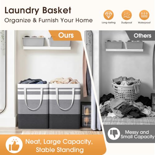 HomeHacks 2 Pack Large Laundry Baskets, Laundry Hampers Bags (Grey 75Lx2) | Waterproof, Freestanding, Collapsible Clothes Hamper with Reinforced Handles in Laundry Room, College Dorm, Bathroom, Bedroom