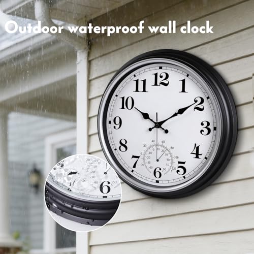 16 Inch Large Outdoor Clock Retro Waterproof Clock Non-Ticking, Black | Indoor/Outdoor Wall Clock with Thermometer, Battery Operated for Pool, Patio, Garden