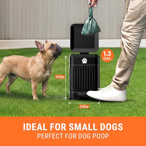 Pupzle Dog Poop Trash Can Outside, 1.3 Gal Outdoor Dog Poop Trash Can | Metal, Waste Container with Pedal, Garbage Poop Bin, Poo Bucket Outdoor with Lid for Backyard Odor Control, 30 Bags