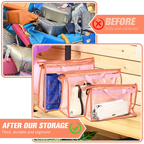 Shappy 15 Pieces Dust Cover Organizer Bags for Handbags, 3 Sizes Clear Handbag Storage Bag Purse Storage with Zipper and Handles Dust Bags for Purses Handbags Closet, 5 Each Size (Pink)