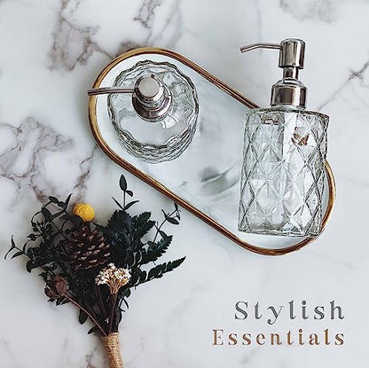 JASAI 2Pack Diamond Embossed Glass Soap Dispenser with 304 Rustproof Stainless Steel Pump, 12 OZ Bathroom soap Dispenser with A Wooden Tag, Elegant Hand Soap Dispenser for Bathroom & Kitchen