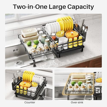 Expandable Dish Drying Rack for Kitchen Counter, Stainless Steel, Black | Foldable Over Sink, Large Capacity, Adjust to Fit Most Sinks, Angled Drainboard, Removable Utensil Holder, Slip Resistant