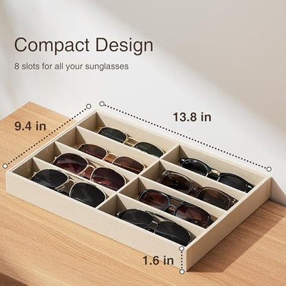 pickpiff Drawer Sunglass Organizer & Display Tray: 1 Pcs 8 Grids Velvet Scratch-Free Eyeglasses Case (13.8x9.4x1.6inch) - Soft Beige Glasses Storage Holder Box for Men & Women